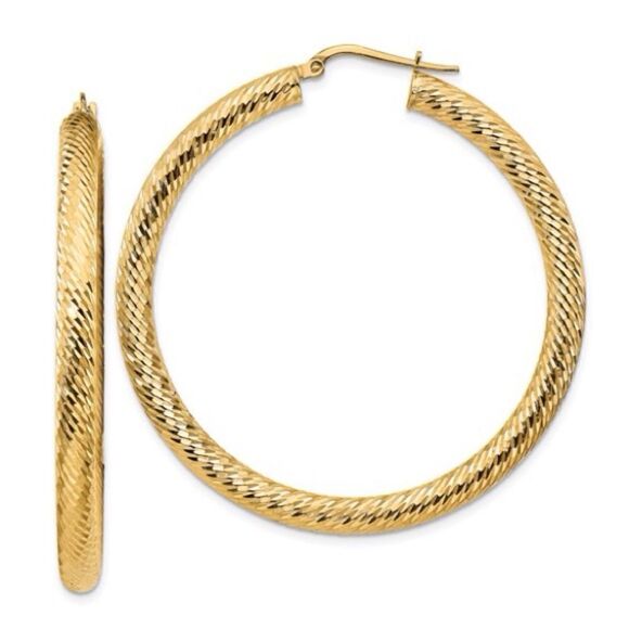 Elegant 14k Gold Diamond-Cut Round Hoop Earrings